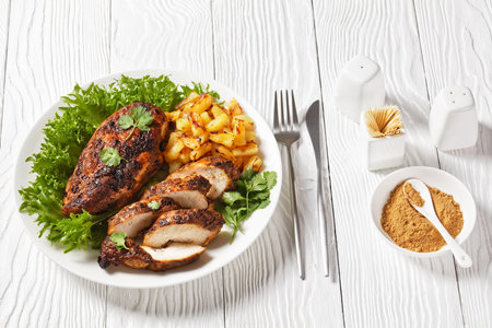 Jerk chicken breasts with grilled ananas cubes and fresh green leaves lettuce on a white plate on a...