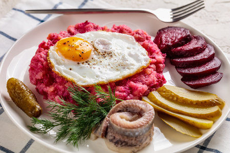 labskaus, corned beef, mashed potatoes with the beetroot topped with fried eggs, sliced beets, with pickles, and rollmops, pickled, rolled herring on a plate, german cuisineの写真素材