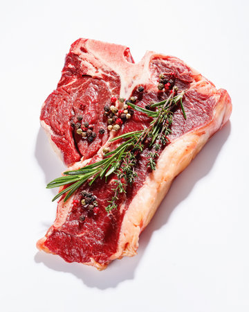 uncooked t-bone steak, beef steak with thyme, rosemary and peppercorn on a white background, vertical view from above, close-upの写真素材
