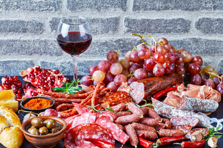 Spanish sausages and cured meat set, jamon, chistorra, chorizo, salchichon, smoked sausages, a glass...
