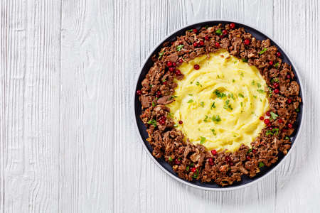 Reindeer Stew with Lingonberries and potato puree on plate on wood table with ingredients and pickles on background, finnish cuisine, horizontal view from above, flat layの写真素材