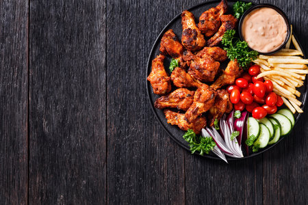 spicy roast chicken wings with french fries, tomatoes, cucumber, red onion and thousand islands dip on black plate on dark wood table, horizontal view from above, flat lay, free spaceの写真素材
