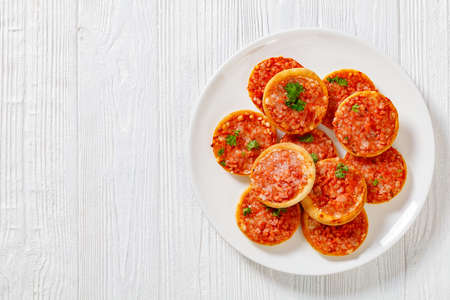 mini pizzas with ham and pecorino cheese on white plate on white wooden table, italian picnic appetizer, horizontal view from above, flat lay, free spaceの写真素材