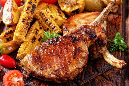 close-up of bbq tomahawk pork chops, bone-in steak with grilled corn disks and corn ribs, wedges...