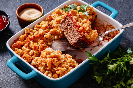 Meatloaf and Stuffing Casserole, ground beef dinner recipe with a meatloaf base topped with stove...