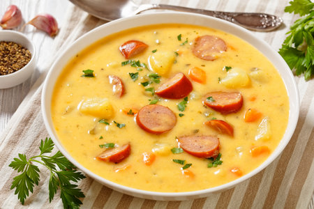 Kartoffelsuppe, German potato soup with sausages in white bowl on white wooden table, landscape viewの写真素材