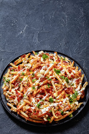 Bacon Mozzarella Feta Cheddar Cheese Fries with ranch dressing and parsley on black dish on concrete...