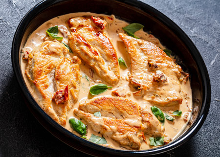 close-up Chicken Breast Cutlets With Sun-Dried Tomato Cream Sauce in black baking dish on concrete table, horizontal view from aboveの写真素材