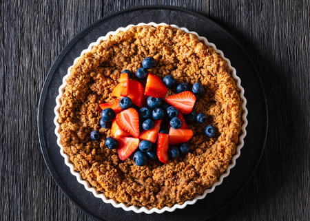 cinnamon baked french toast pie with fresh berries on top on black platter on dark wood table, horizontal view from above, flat lay, close-upの写真素材