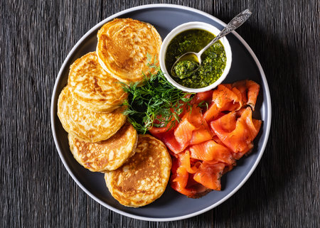 breakfast yeast pancakes with sliced cold smoked salmon with dill sauce pesto on plate on dark wood table, horizontal view from above, flat lay, close-upの写真素材