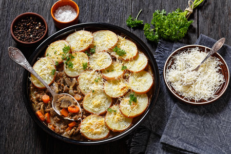 baked in oven Ground Beef stew with mushrooms and carrots topped with potatoes in baking dish on dark wood table with spoon, horizontal view from aboveの写真素材