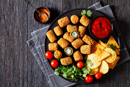 breaded crispy fried jalapeno poppers with melted cream cheese filling with taco chips, tomatoes and salsa on black platter on dark wood table, horizontal view from above, flat layの写真素材