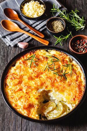 easy cheesy potato bake or potato casserole in black baking dish on dark wood table, vertical view from above, close-upの写真素材