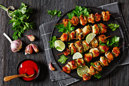 grilled chicken skewers with parsley and lime wedges on black plate on dark wooden table with ketchup,, horizontal view from above, flat layの写真素材