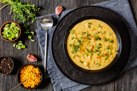Beer cheese soup with vegetables and thyme in black bowl on dark wooden table with ingredients, spoon and tea towel, horizontal view from above, flat layの写真素材