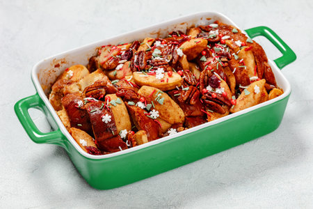 Baked Apple French Toast topped with pecan nuts and Christmas sugar sprinkles in baking dish on...