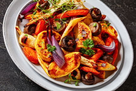 baked winter vegetables and mushrooms, potato, winter squash, red onions, carrots, parsnip on plate on concrete table, Dutch angle view, close-upの写真素材