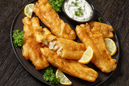 crispy beer batter cod fish fillet on black plate with tartar sauce and lemon slices on dark wooden...