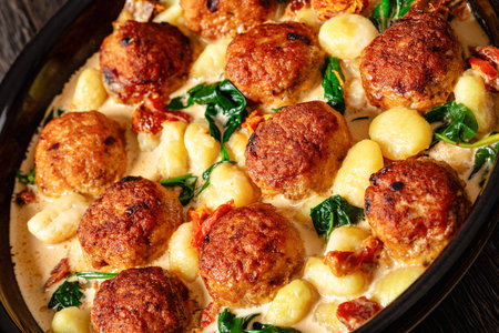 close-up of tuscan chicken meatballs with gnocchi in creamy sauce with sun-dried tomatoes and...