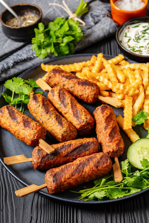 Grilled Greek soutzoukakia, ground beef skewers with wavy potato fries, cucumber and yogurt based sauce on plate on black wooden table, vertical view, close-upの写真素材
