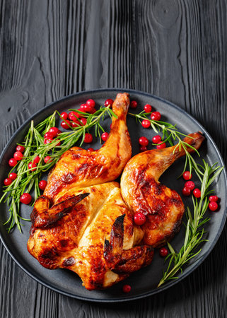 butterflied or spatchcock roast whole chicken on dark gray plate with rosemary and cranberry on black wooden table, vertical view, close-upの写真素材