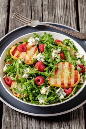 grilled pear salad with blue cheese, arugula and fresh ripe raspberries in white bowl on rustic wooden table with fork, vertical view, free space, close-upの写真素材