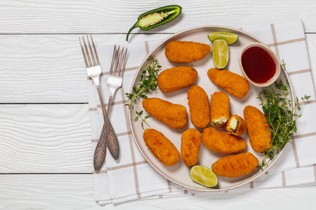 baked cream cheese stuffed jalapeno poppers with lime wedges and sweet chili sauce on plate on white wooden table with forks, horizontal view from above, flat lay, free spaceの写真素材