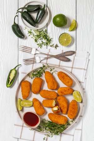 baked cream cheese stuffed jalapeno poppers with lime wedges and sweet chili sauce on plate on white wooden table, vertical view from aboveの写真素材