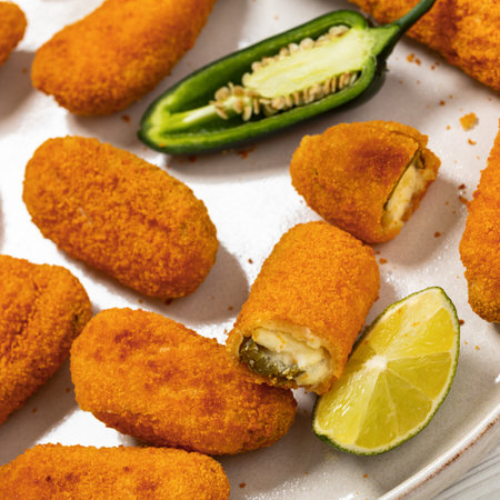 baked cream cheese stuffed jalapeno poppers with lime wedges and sweet chili sauce on plate, close-upの写真素材