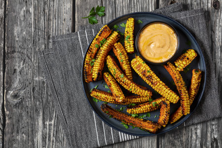 bbq corn ribs, seasoned juicy corn kernels sprinkled with fresh parsley on plate with paprika mayo dipping sauce on plate on rustic wooden table, horizontal view from above, flat lay, free spaceの写真素材