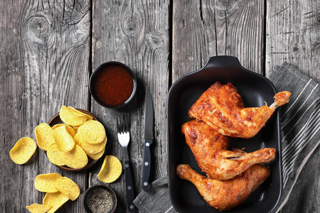 baked in oven three chicken leg quarters in black baking dish on grey rustic table with cutlery, round nacho corn chips, sweet chili sauce, horizontal view from above, flat lay, free space on topの写真素材