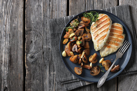 juicy grilled chicken breasts with sauteed garlic mushrooms on plate on rustic grey wooden table, horizontal view from above, flat lay, free spaceの写真素材