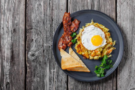 Bubble and Squeak, browned mix of leftover mashed potato and cabbage, topped with fried egg served with toast and fried bacon on a plate, on rustic wooden table, top view, flat lay, free spaceの写真素材