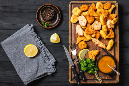 crispy and juicy chicken bites, tenders and breaded nuggets on a wooden board with curry sauce, cutlery and parsley on black wooden table, horizontal view from above, flat layの写真素材