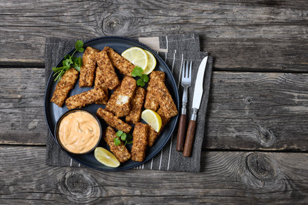 pretzel crusted white fish sticks with lemon slices and paprika mayo sauce on dark grey plate on rustic wood table with fork and knife, horizontal view from above, flat lay, free spaceの写真素材