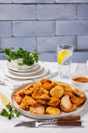 Air fryer crispy and juicy chicken bites nuggets set on a platter with curry sauce, cutlery and parsley in the background of brick wall, vertical view from above, close-upの写真素材
