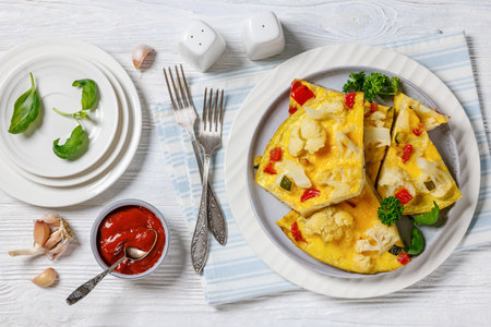 cauliflower, zucchini and red bell pepper frittata on plate on white wooden table with forks, fresh basil and tomato sauce, horizontal from above, flat layの写真素材