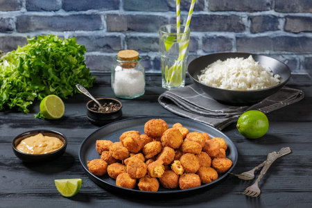 salmon fish nuggets on plate on black wooden table with cooked rice, fresh lettuce, thousand island sauce, salt, lime and a brick wall in background, horizontal view, close-upの写真素材