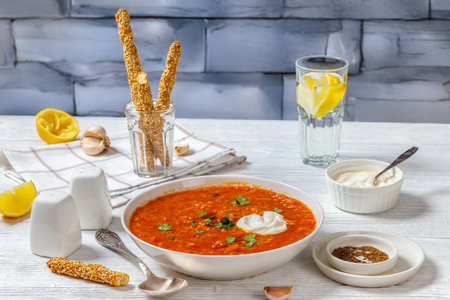 Red Lentil Tomato Soup with sour cream and cilantro in white bowl on white wooden table with spoon, lemon, grissini breadsticks, garlic and brick wall in background, horizontal view from aboveの写真素材