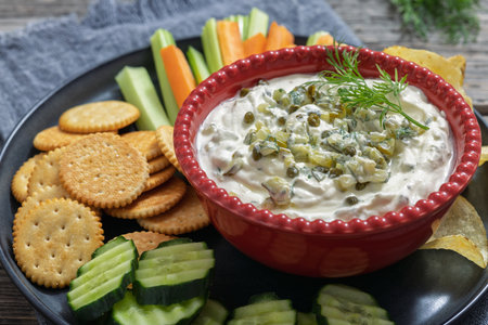 close-up of creamy yogurt pickles caper dill dip in red bowl on platter with carrot and celery sticks, cucumber, potato chips and crackers on grey wood table, horizontal view from aboveの写真素材