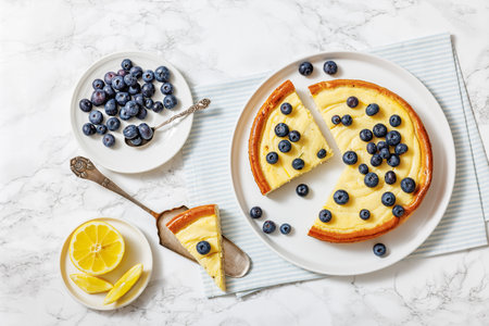 Cheesecake with blueberries sliced on a plate with cake shovel and fresh berries on marble table, horizontal view from above, flat layの写真素材