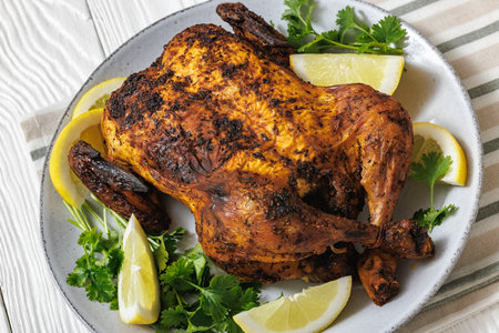 whole crispy skin roasted chicken on a platter with lemon wedges and cilantro on white wooden table, dutch angle viewの写真素材