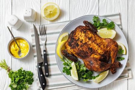 whole crispy skin roasted chicken on a platter with lemon wedges and cilantro on white wooden table with mustard, napkin and cutlery, horizontal view from above, flat layの写真素材