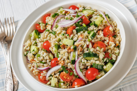 Barley salad with cucumber, tomatoes, red onion and walnuts in a white bowl with forks on white wooden table, dutch angle view, close-upの写真素材