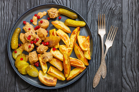 meatballs smothered in gravy served with roast potatoes, pickles and fresh lingonberries on a plate...
