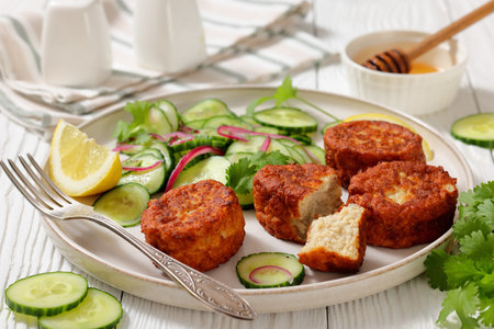 fiskefrikadeller, dutch fishcakes of ground fish fillet served with cucumber salad on a plate on white wooden table, horizontal view from above, close-up,real photo, not AI generatedの写真素材