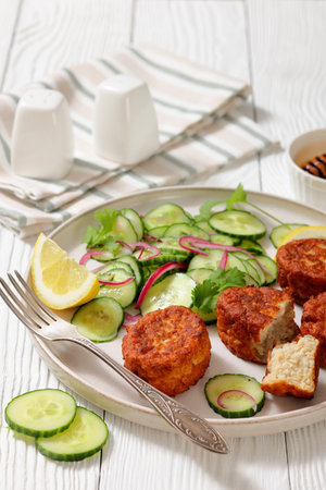 fiskefrikadeller, dutch fish cakes of ground fish fillet served with cucumber salad on a plate on white wooden table, vertical view from above, close-up,real photo, not AI generatedの写真素材