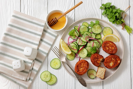 fiskefrikadeller, dutch fishcakes of ground fish fillet served with cucumber salad and lemon on a plate on white wooden table, flat lay, real photo, not AI generatedの写真素材