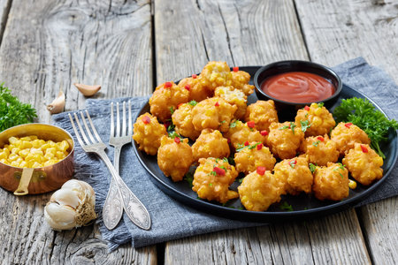 deep fried corn nuggets sprinkled with red pepper and parsley on a plate with tomato sauce on rustic grey wood table with forks and ingredients, american cuisine, horizontal view, not AI generatedの写真素材
