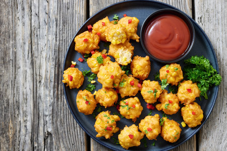deep fried corn nuggets sprinkled with red pepper and parsley on a plate with tomato sauce on rustic grey wood table, american cuisine, flat lay, free space, not AI generatedの写真素材